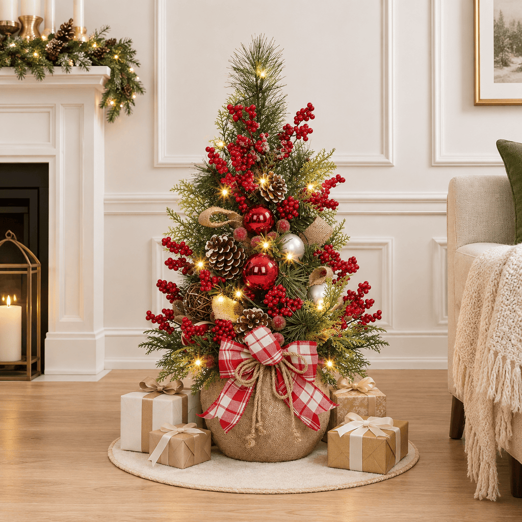 24" Red & Green Pre-Lit Tabletop Christmas Tree with Ornaments