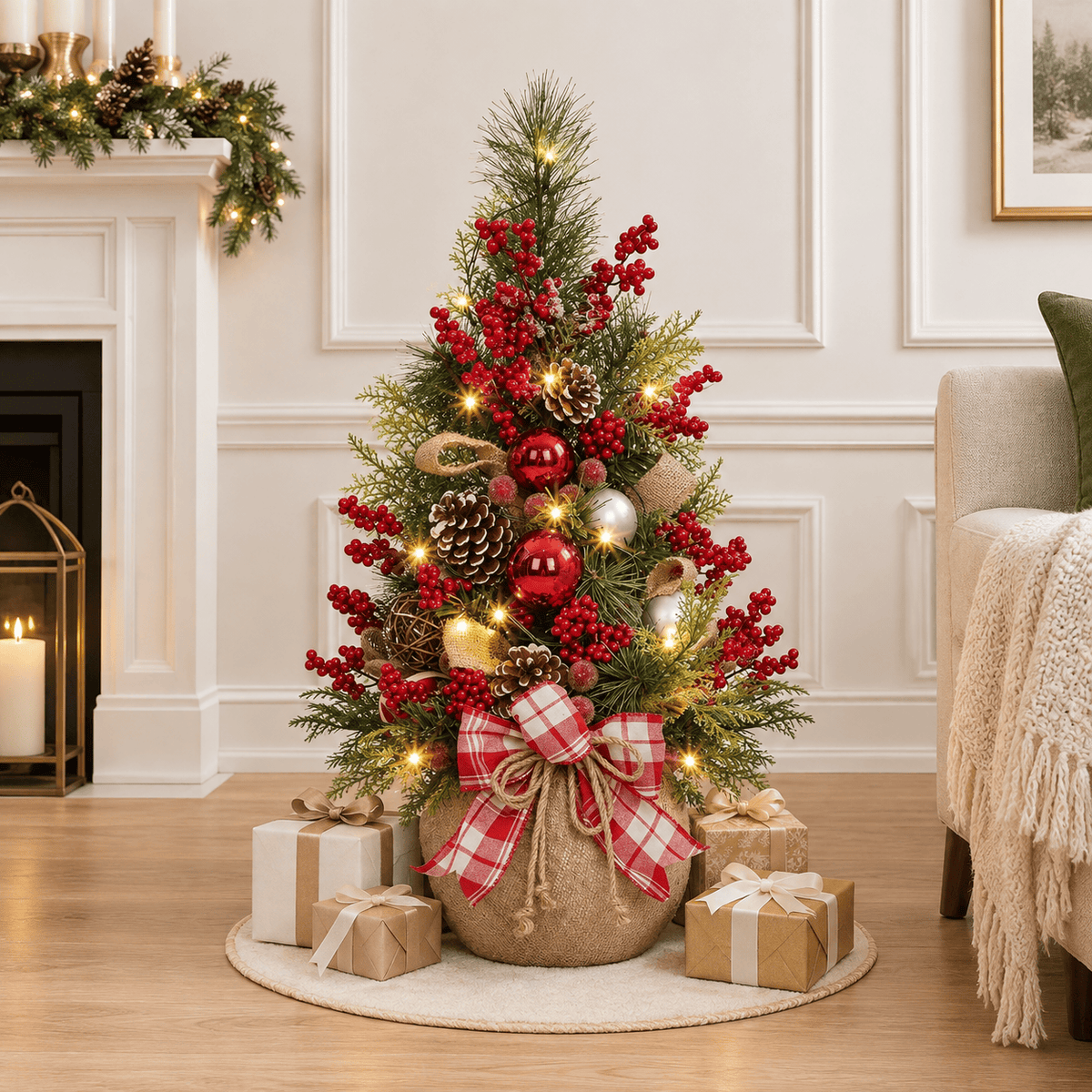 24" Red & Green Pre-Lit Tabletop Christmas Tree with Ornaments
