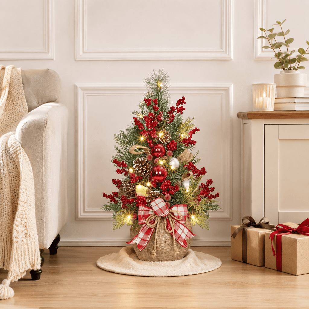 24" Red & Green Pre-Lit Tabletop Christmas Tree with Ornaments