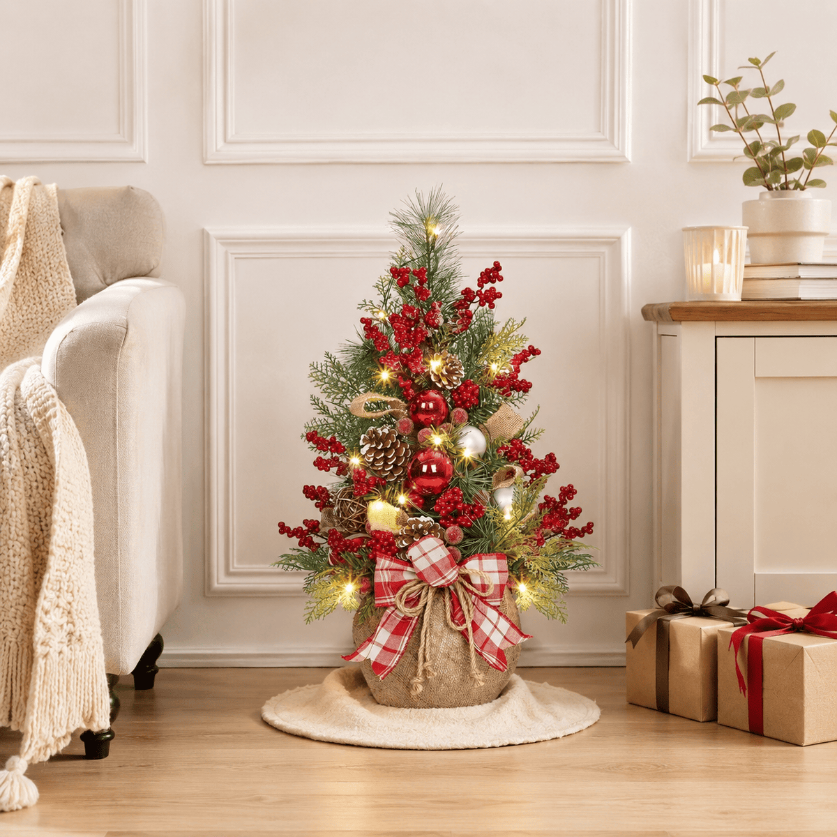 24" Red & Green Pre-Lit Tabletop Christmas Tree with Ornaments