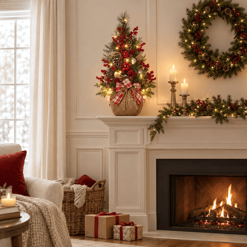 24" Red & Green Pre-Lit Tabletop Christmas Tree with Ornaments