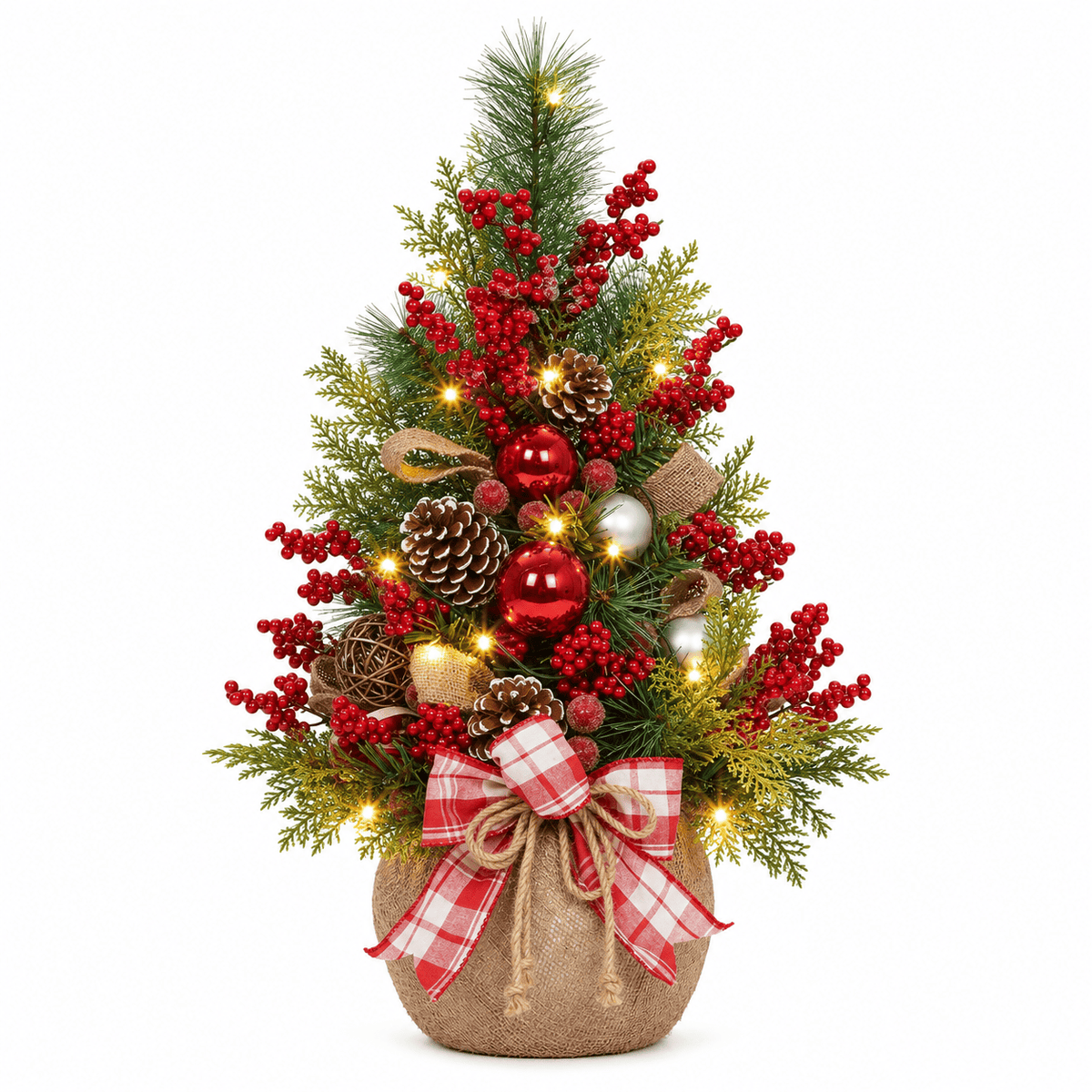 24" Red & Green Pre-Lit Tabletop Christmas Tree with Ornaments