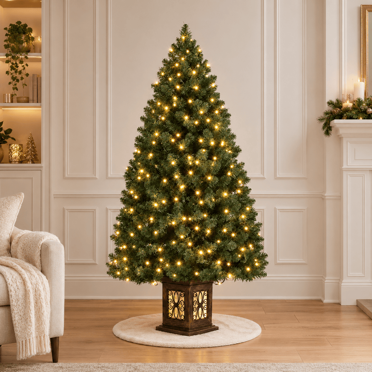 4.5' Green Artificial Christmas Tree, Pre-Lit 300 LED, Urn Base