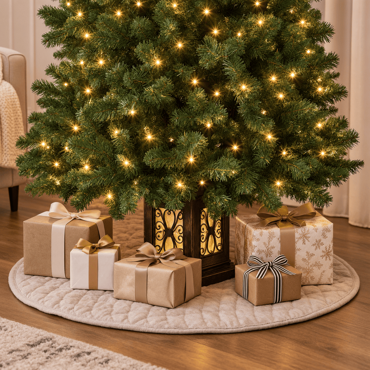 4.5' Green Artificial Christmas Tree, Pre-Lit 300 LED, Urn Base
