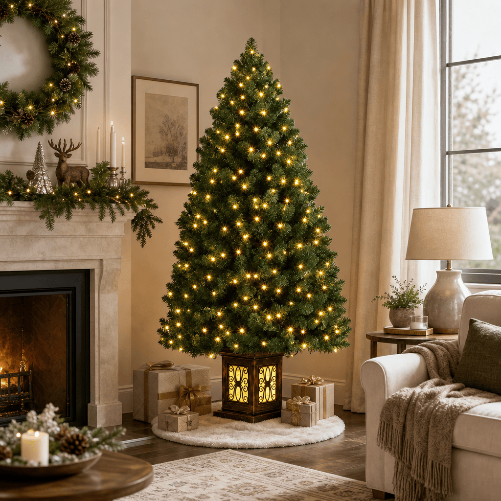 4.5' Green Artificial Christmas Tree, Pre-Lit 300 LED, Urn Base