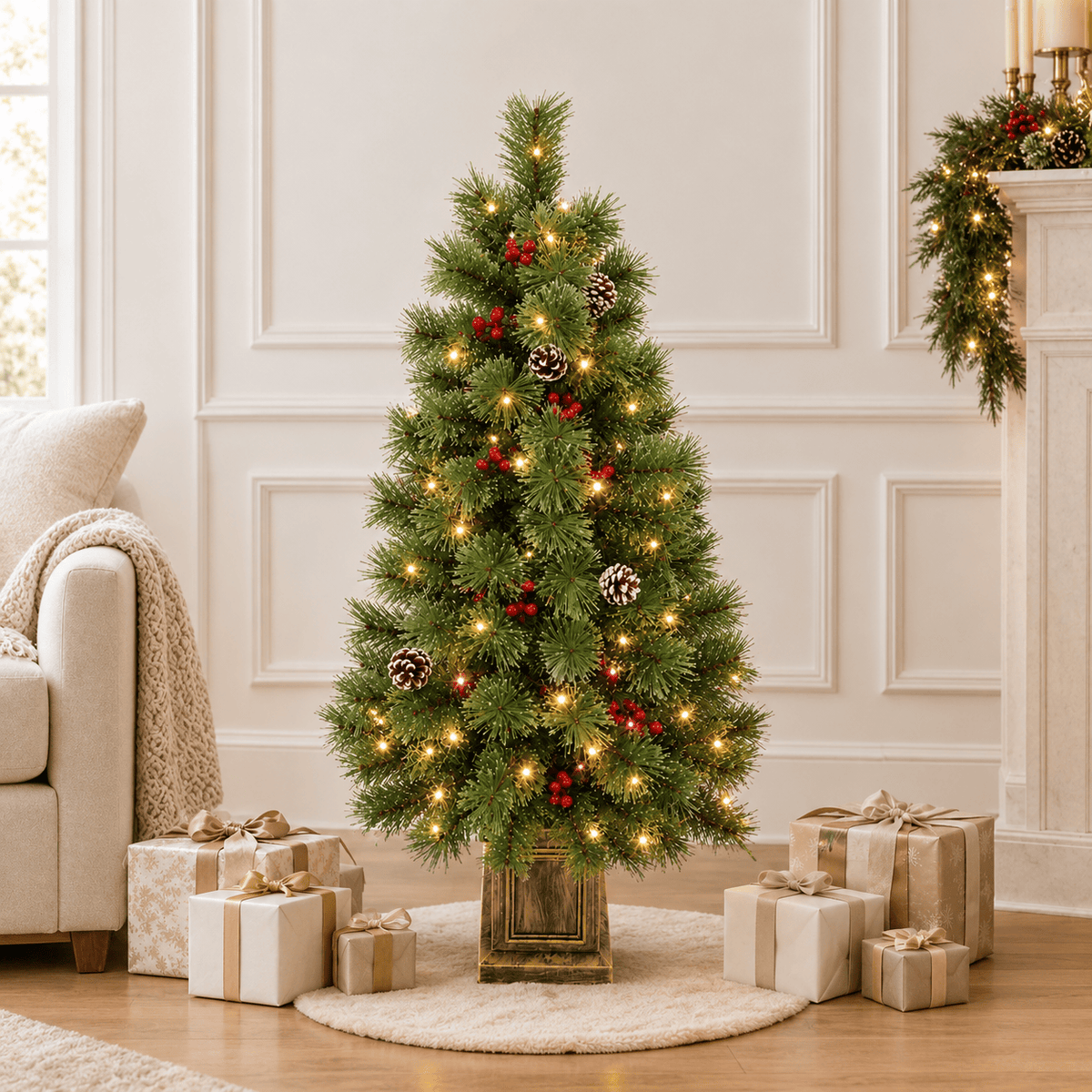 4ft Pre-Lit Artificial Pine Christmas Tree with LED Lights & Remote