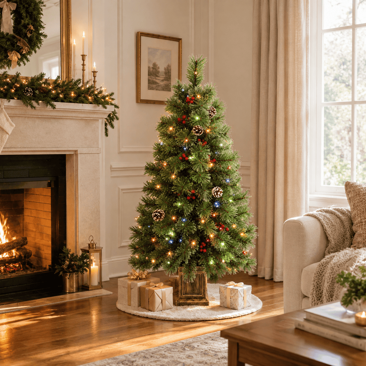 4ft Pre-Lit Artificial Pine Christmas Tree with LED Lights & Remote