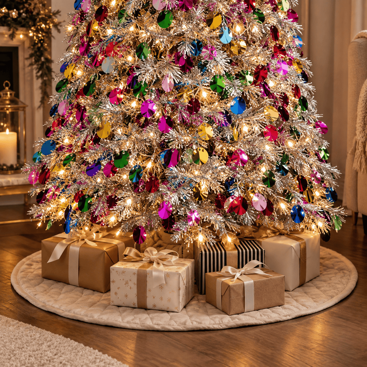 5' Silver Tinsel Christmas Tree Pre-Lit Multicolor LED Collapsible