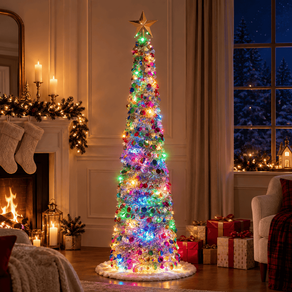 5' Silver Tinsel Christmas Tree Pre-Lit Multicolor LED Collapsible