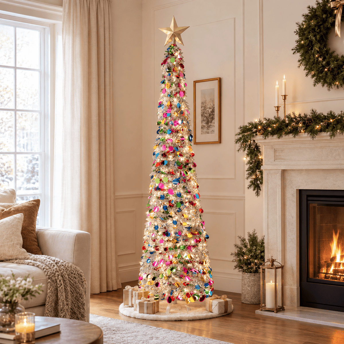 5' Silver Tinsel Christmas Tree Pre-Lit Multicolor LED Collapsible