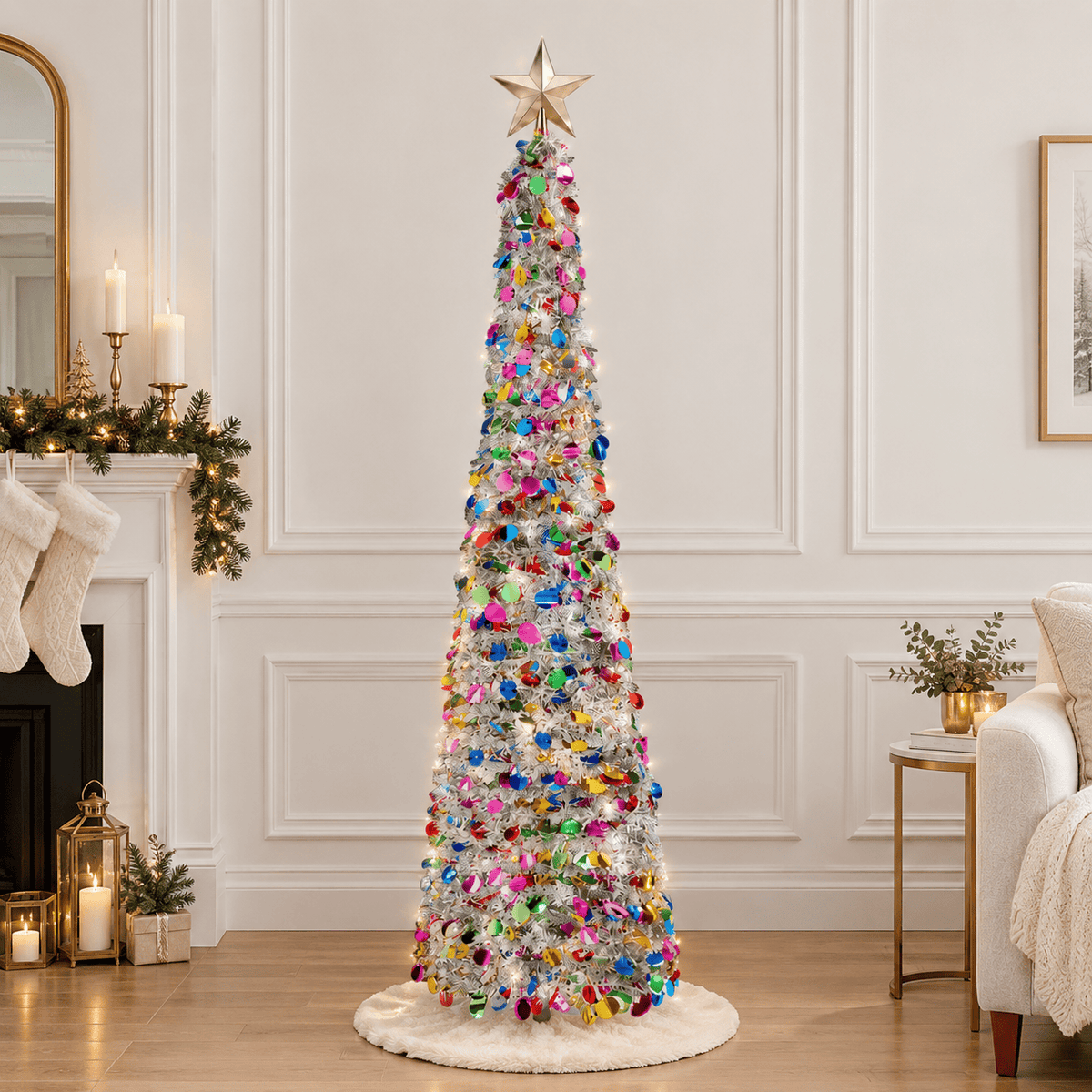 5' Silver Tinsel Christmas Tree Pre-Lit Multicolor LED Collapsible