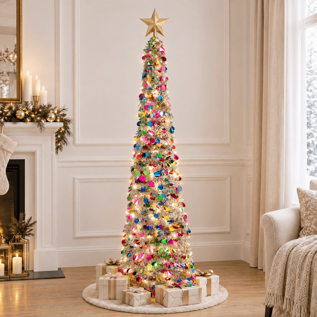 5' Silver Tinsel Christmas Tree Pre-Lit Multicolor LED Collapsible