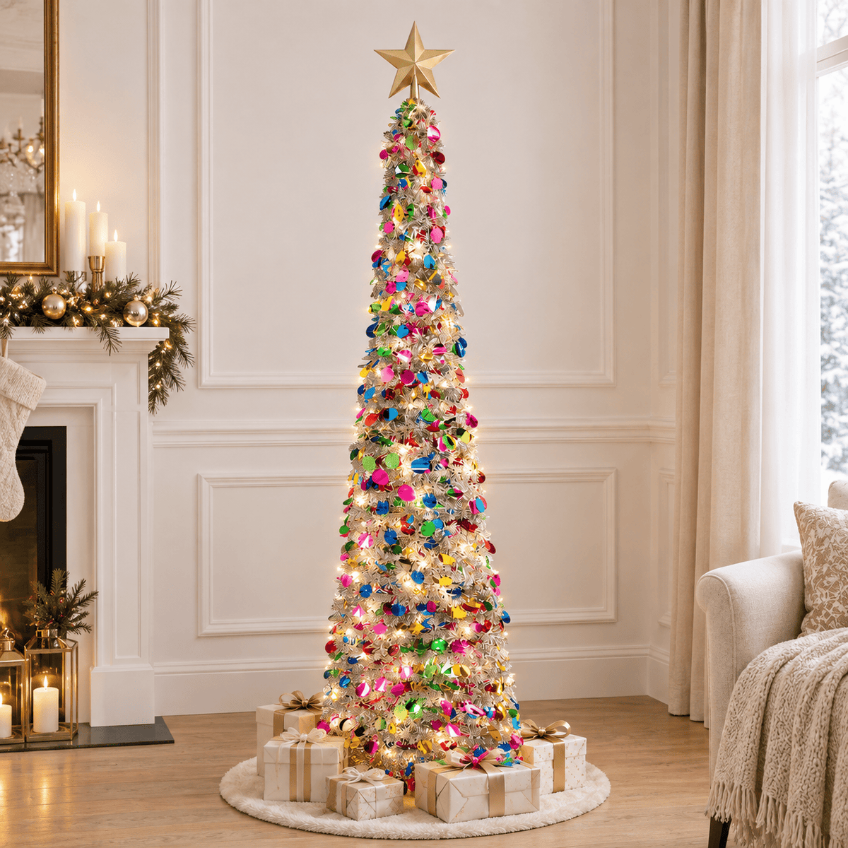 5' Silver Tinsel Christmas Tree Pre-Lit Multicolor LED Collapsible