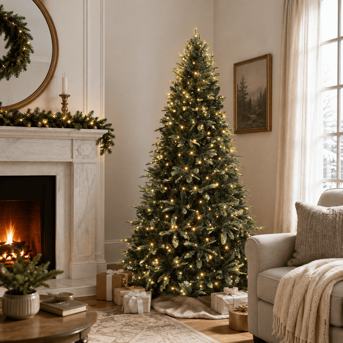 6.5' Green Pencil Christmas Tree with 300 Warm White LED Lights, Hinge