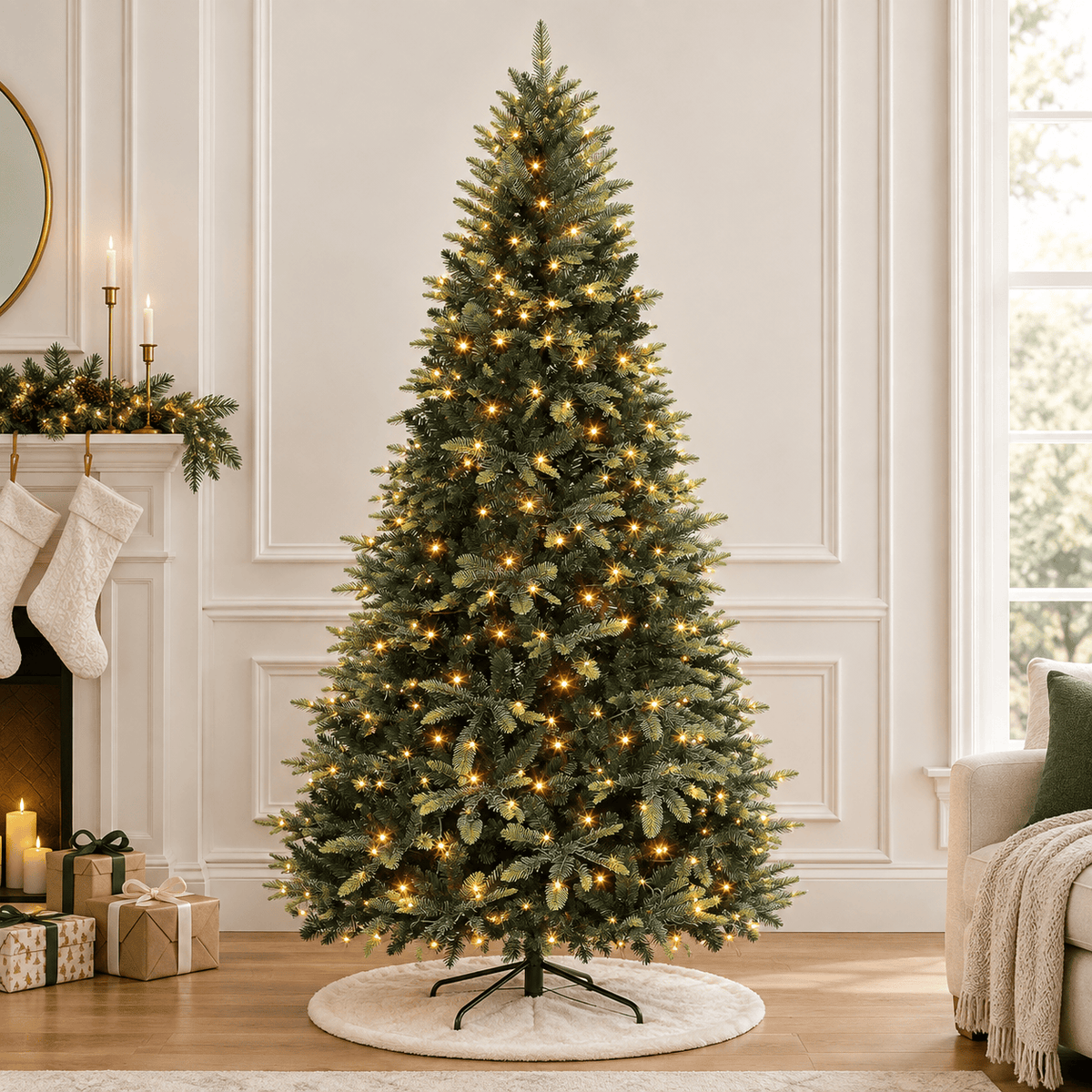 6.5' Green Pencil Christmas Tree with 300 Warm White LED Lights, Hinge