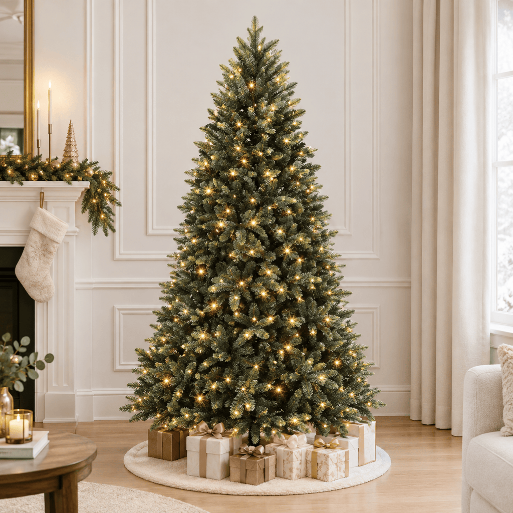 6.5' Green Pencil Christmas Tree with 300 Warm White LED Lights, Hinge