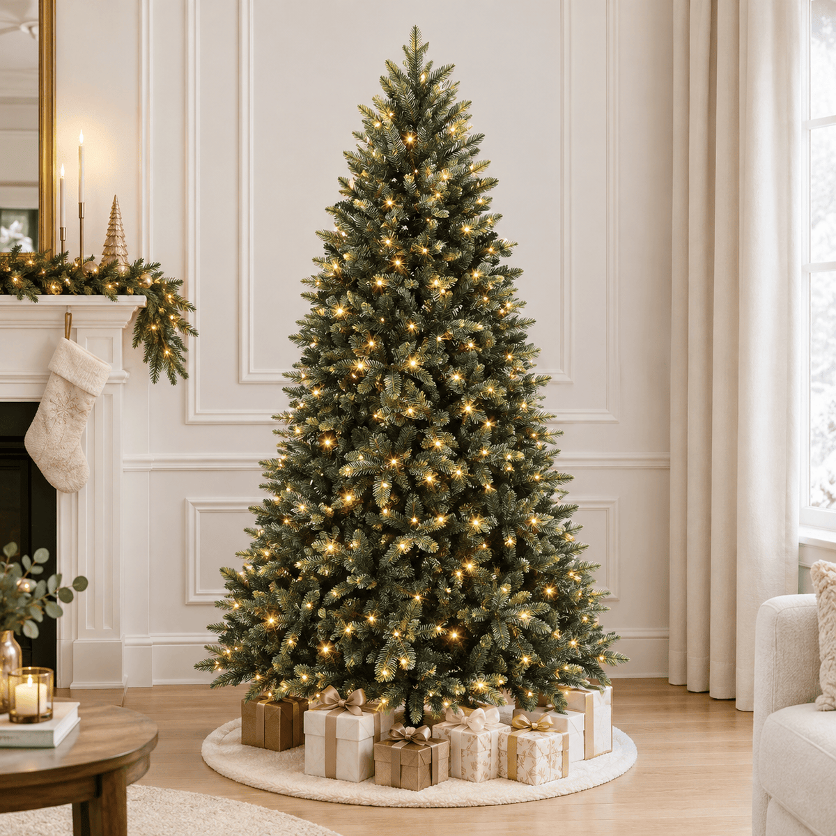 6.5' Green Pencil Christmas Tree with 300 Warm White LED Lights, Hinge