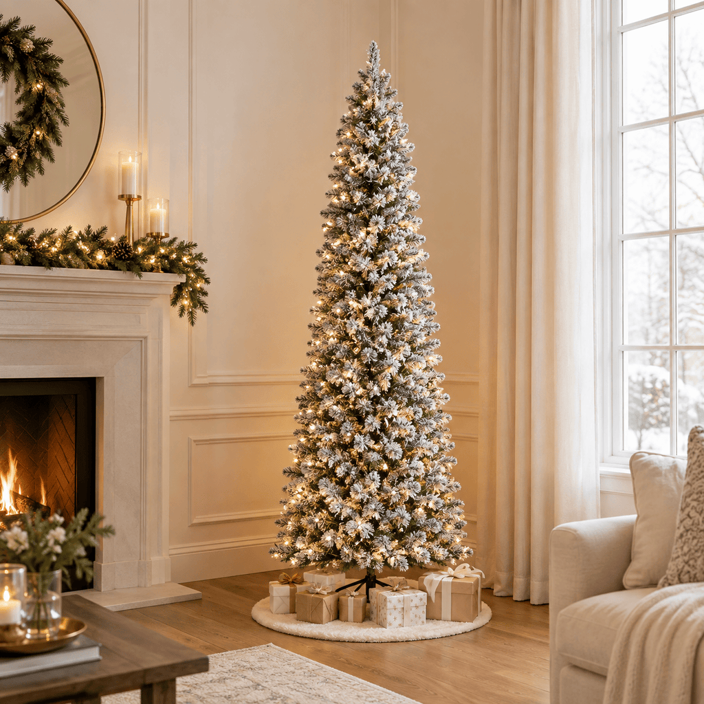 6' Flocked Slim Artificial Christmas Tree, 240 LED Lights, 635 Tips