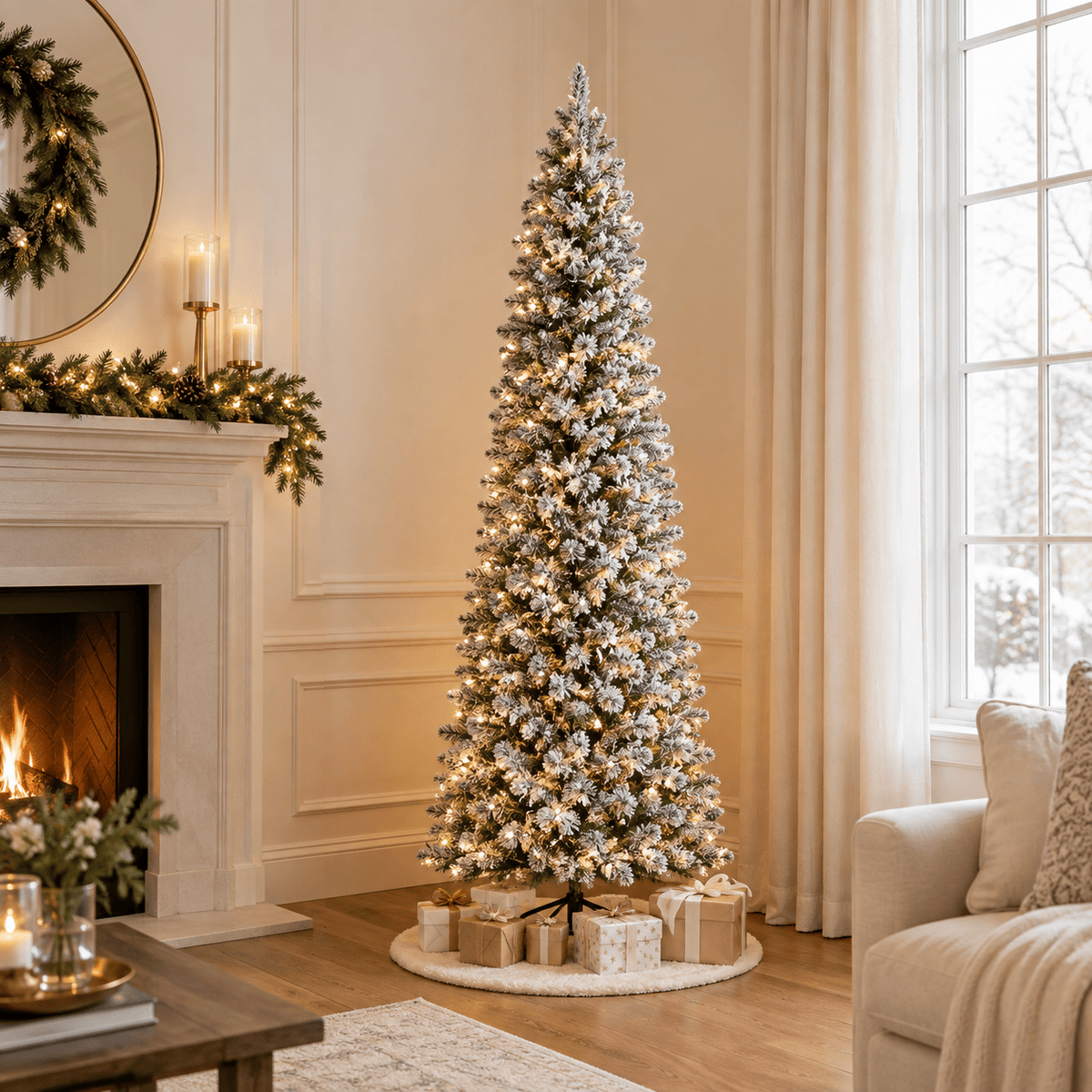 6' Flocked Slim Artificial Christmas Tree, 240 LED Lights, 635 Tips