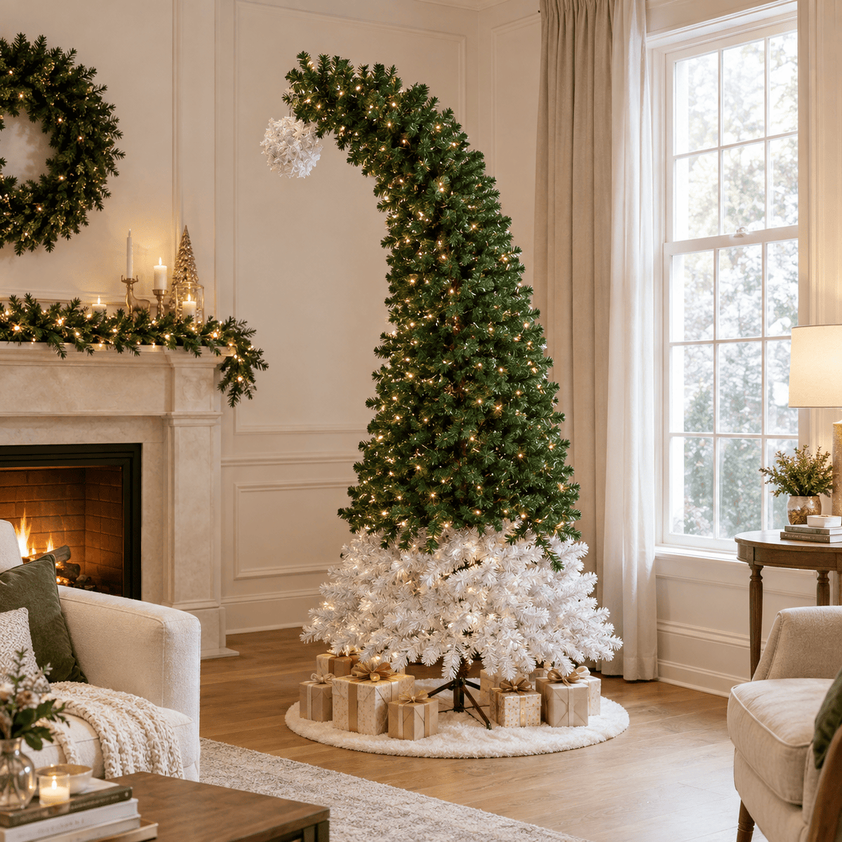 6' Green and White Bent Top Artificial Christmas Tree with 250 LED Lig