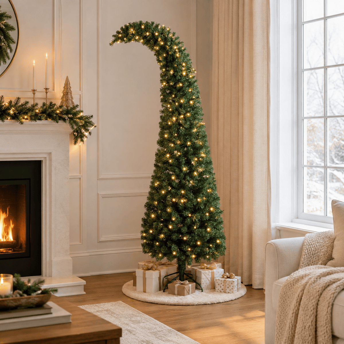 6' Green Whimsical Slim Fir Christmas Tree, 200 LED Lights, Bent Top