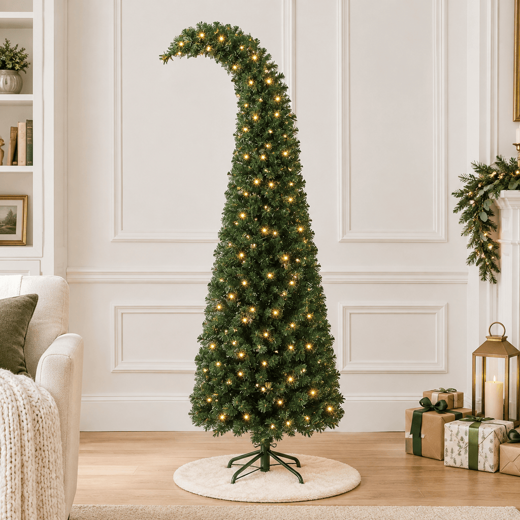 6' Green Whimsical Slim Fir Christmas Tree, 200 LED Lights, Bent Top
