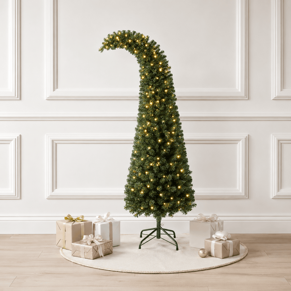 6' Green Whimsical Slim Fir Christmas Tree, 200 LED Lights, Bent Top