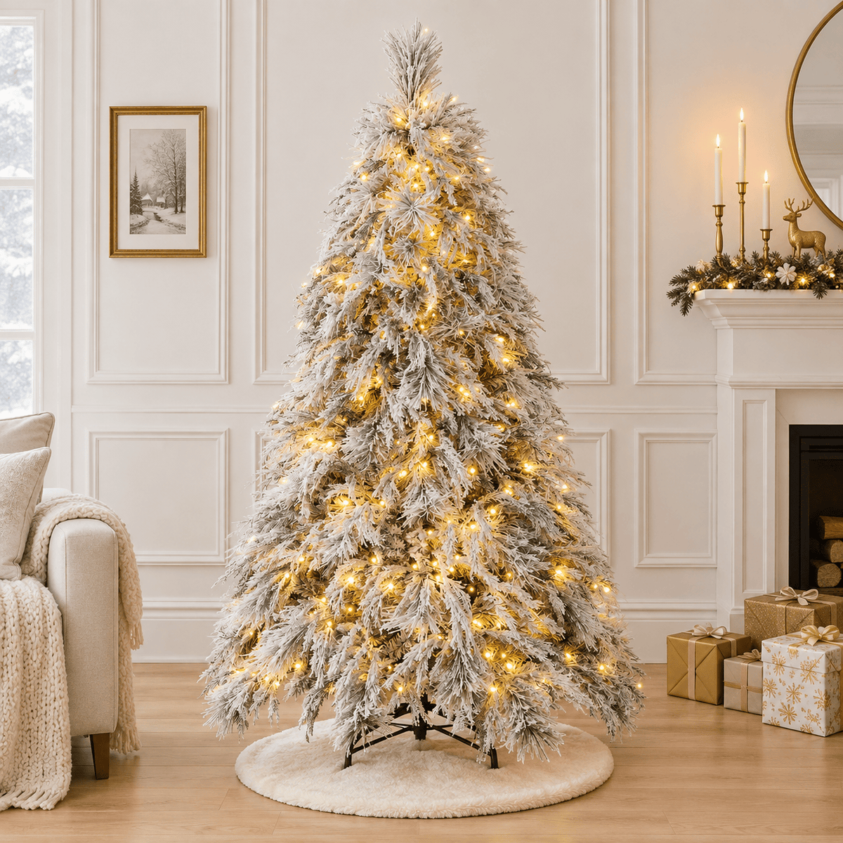 6' White Flocked Artificial Christmas Tree with 250 LED Lights, Hinged