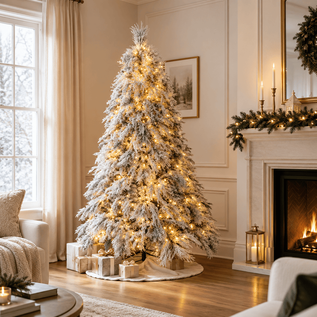 6' White Flocked Artificial Christmas Tree with 250 LED Lights, Hinged