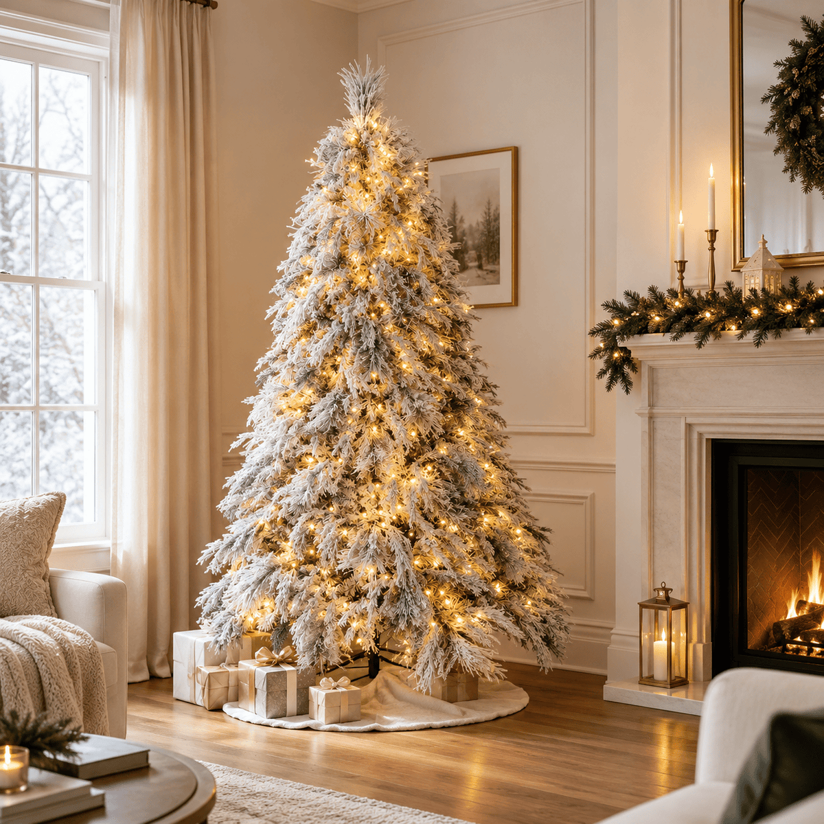 6' White Flocked Artificial Christmas Tree with 250 LED Lights, Hinged