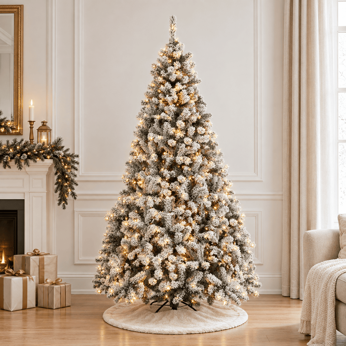 7.5' Snow Flocked Artificial Christmas Tree with 450 LED Lights, Hinge