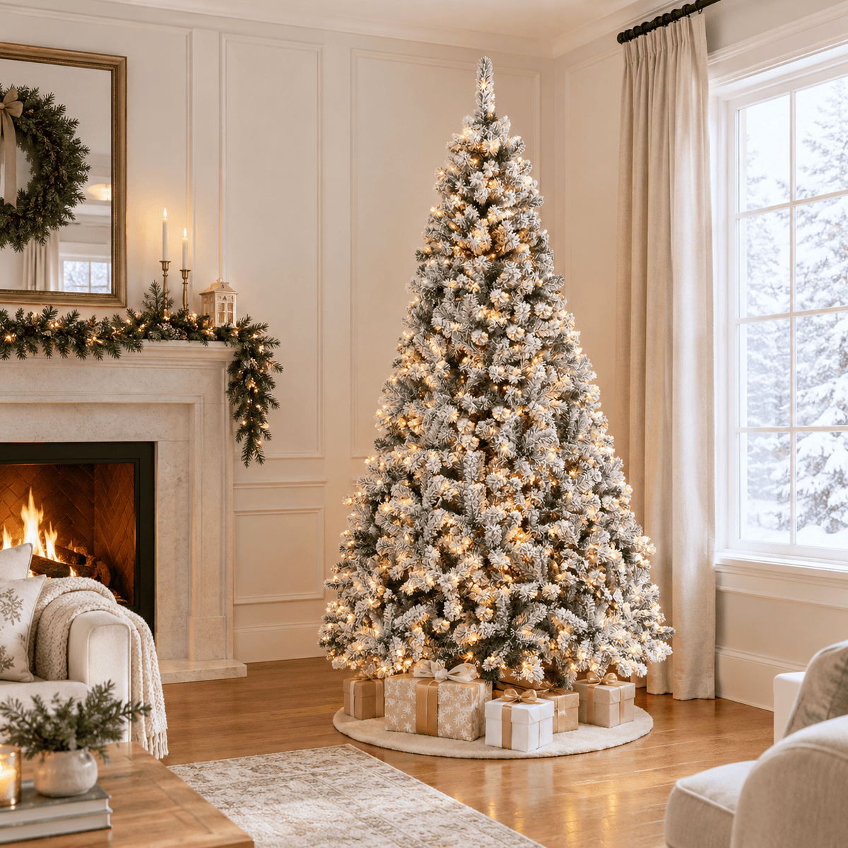 7.5' Snow Flocked Artificial Christmas Tree with 450 LED Lights, Hinge