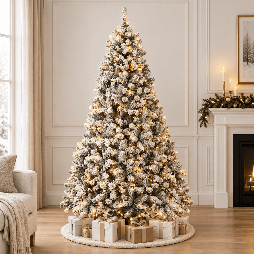 7.5' Snow Flocked Artificial Christmas Tree with 450 LED Lights, Hinge