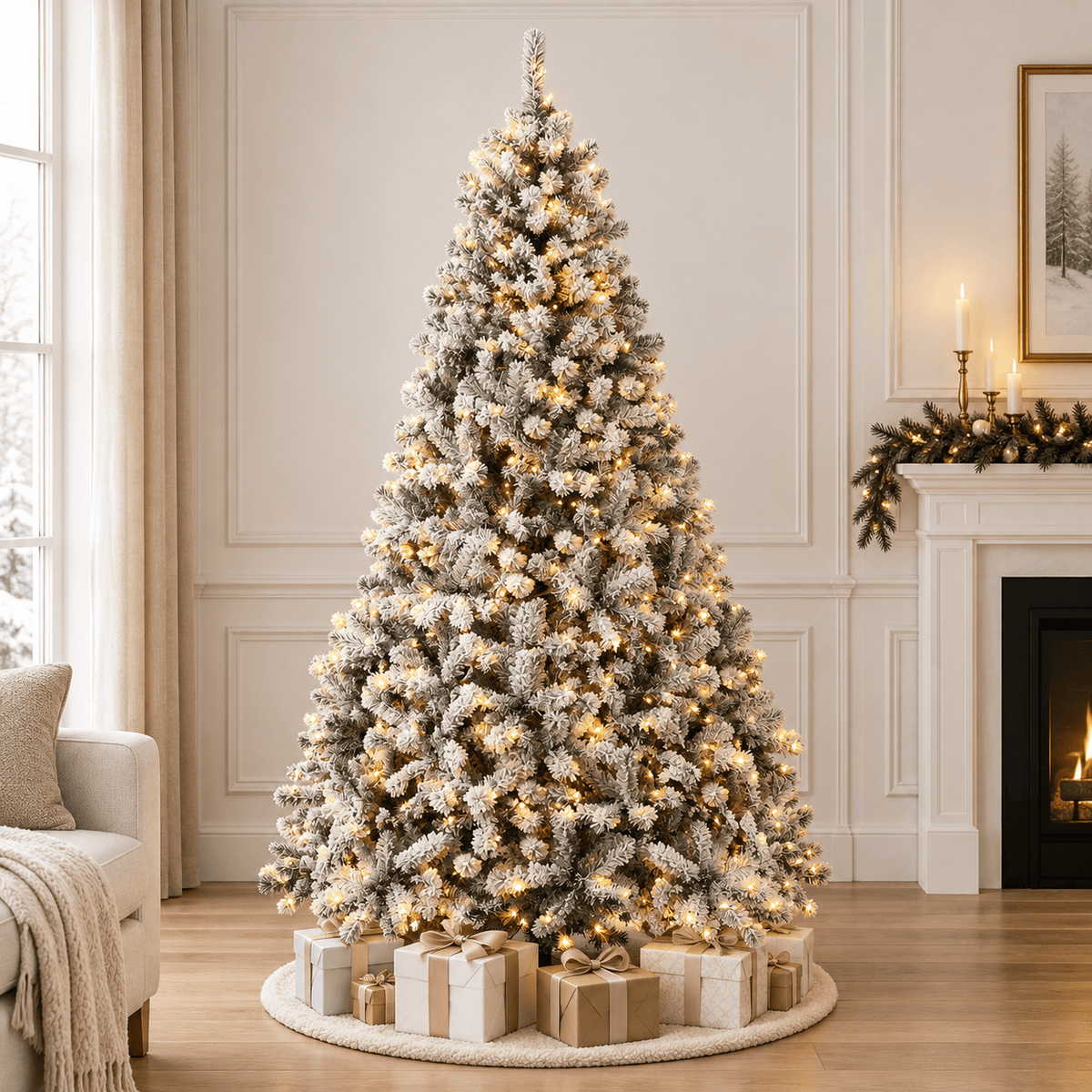 7.5' Snow Flocked Artificial Christmas Tree with 450 LED Lights, Hinge