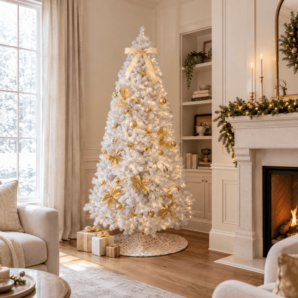 7.5' White Pre-Lit Christmas Tree with 400 LED Lights, Hinged Branches