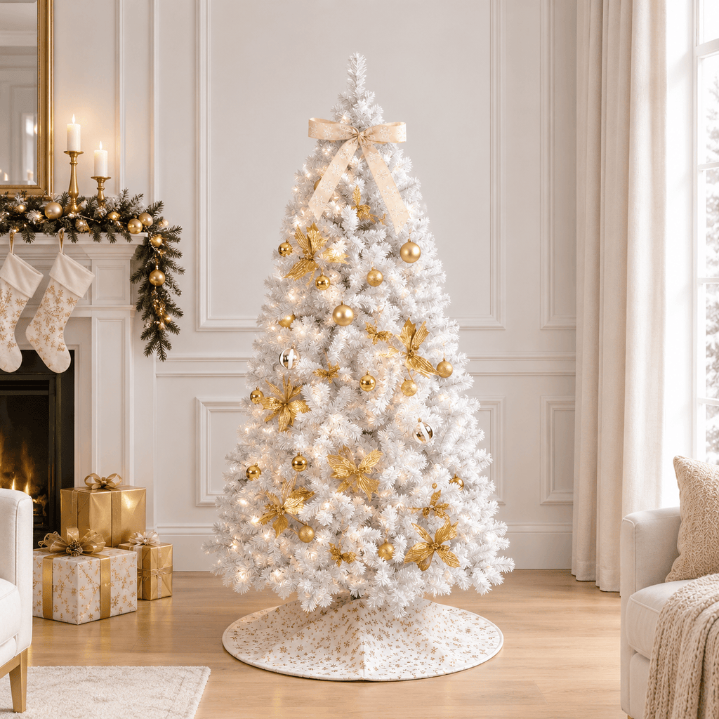 7.5' White Pre-Lit Christmas Tree with 400 LED Lights, Hinged Branches
