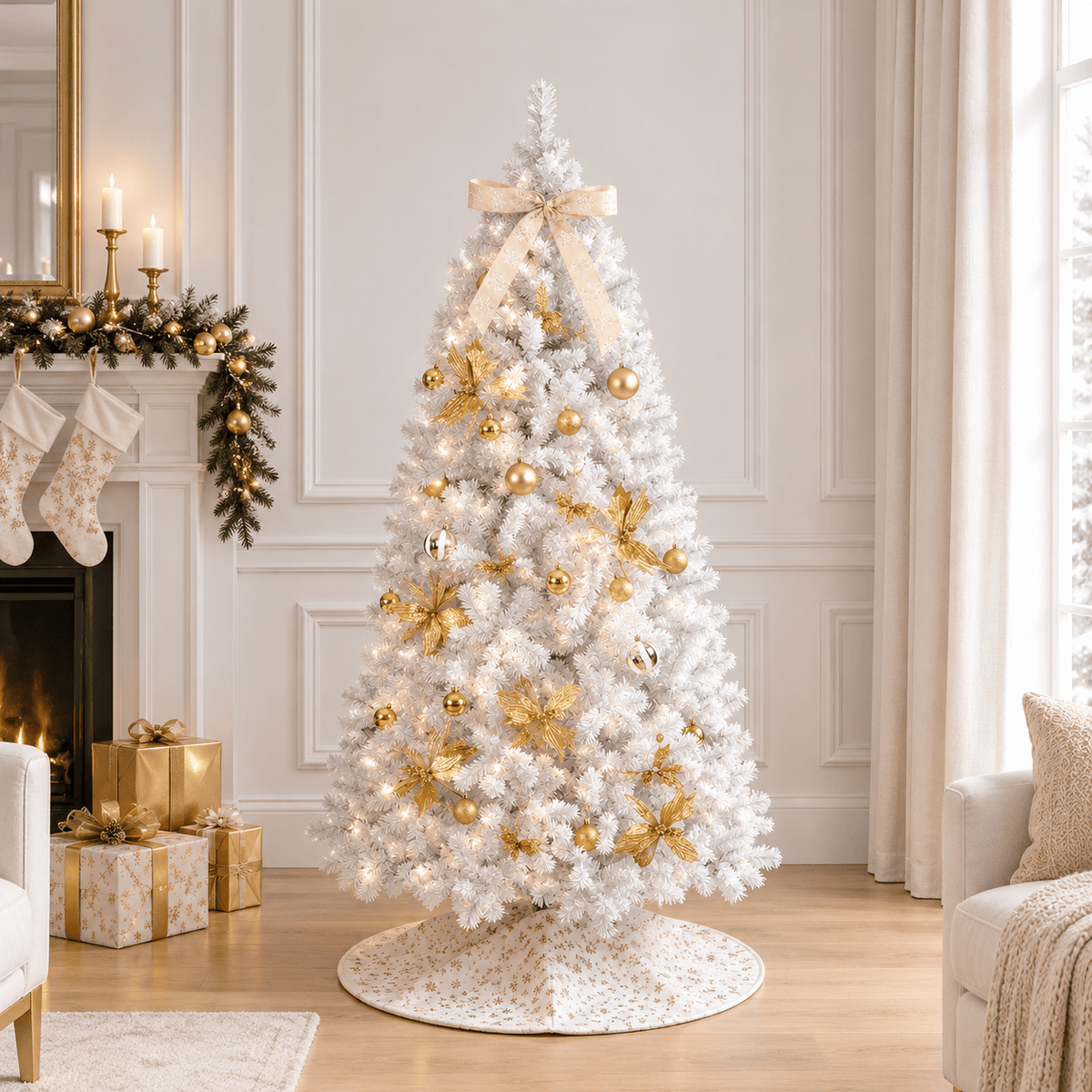 7.5' White Pre-Lit Christmas Tree with 400 LED Lights, Hinged Branches