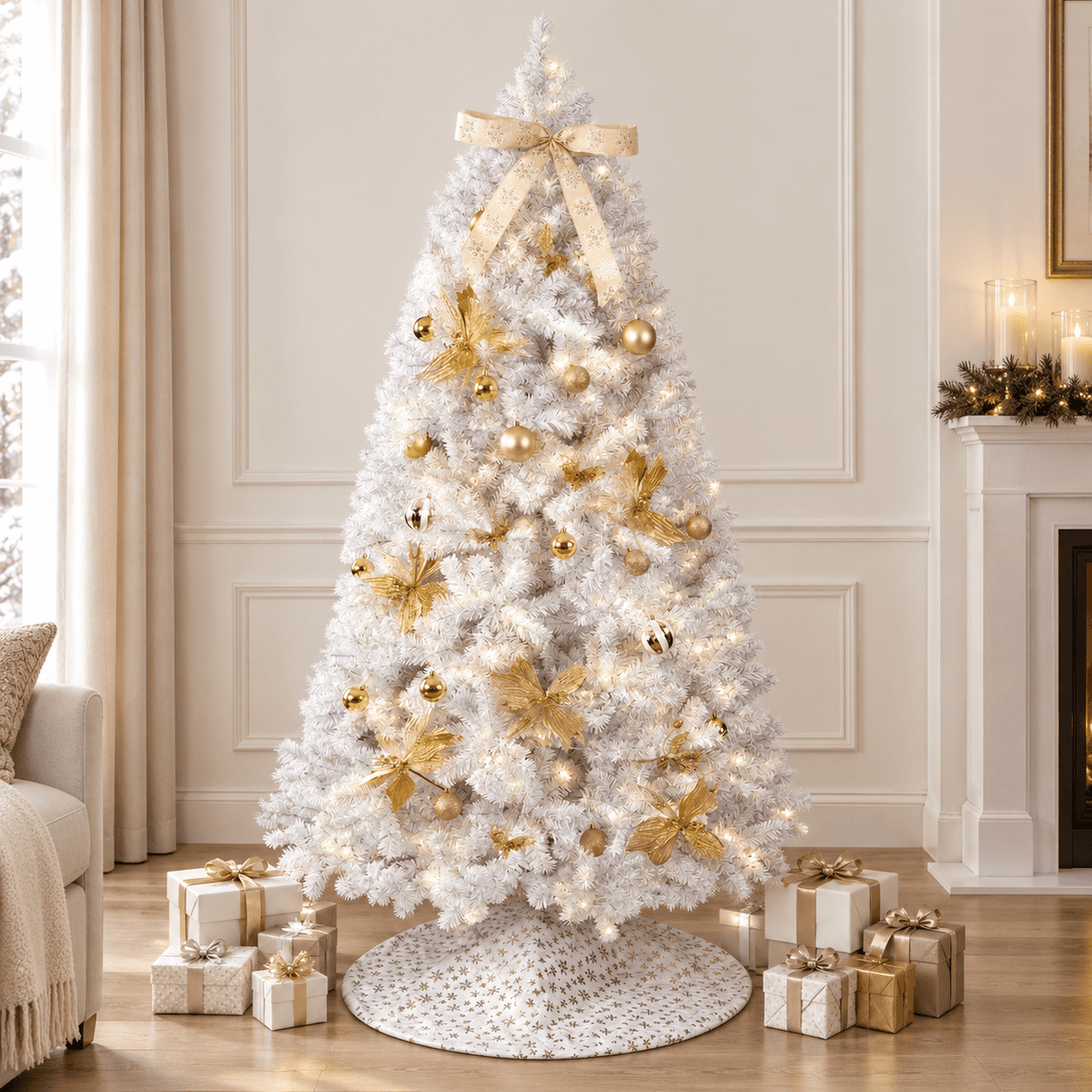 7.5' White Pre-Lit Christmas Tree with 400 LED Lights, Hinged Branches