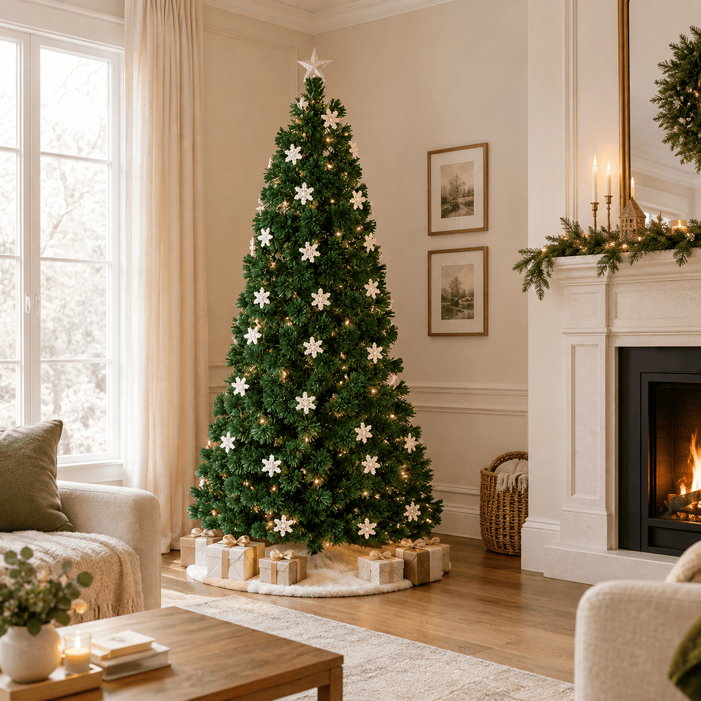 7' Green Fiber Optic Christmas Tree with RGB LED Lights & Snowflakes