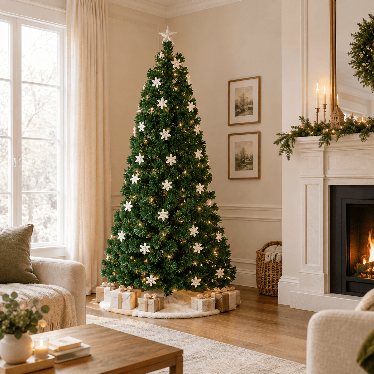 7' Green Fiber Optic Christmas Tree with RGB LED Lights & Snowflakes