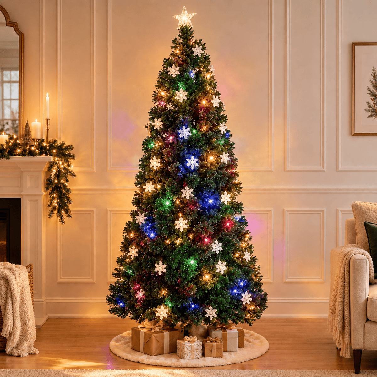 7' Green Fiber Optic Christmas Tree with RGB LED Lights & Snowflakes