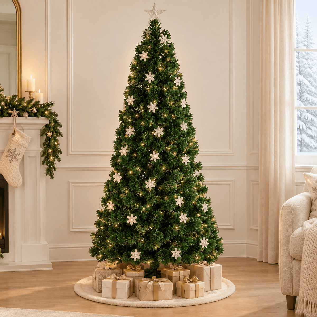 7' Green Fiber Optic Christmas Tree with RGB LED Lights & Snowflakes