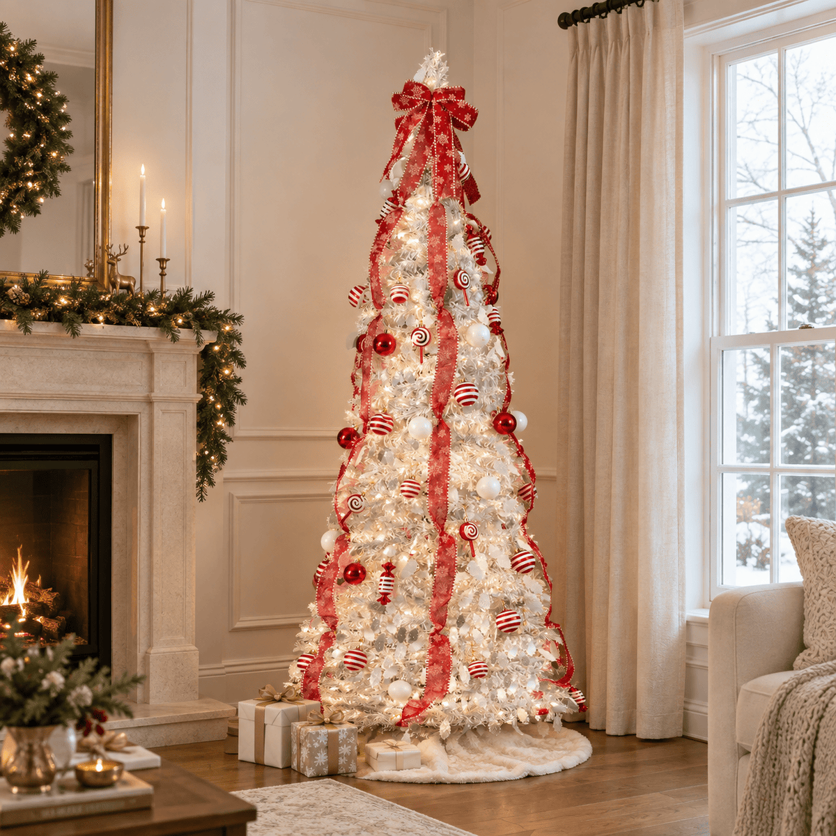 7' White Pre-Decorated Christmas Tree with 170 LED Lights & Red Orname