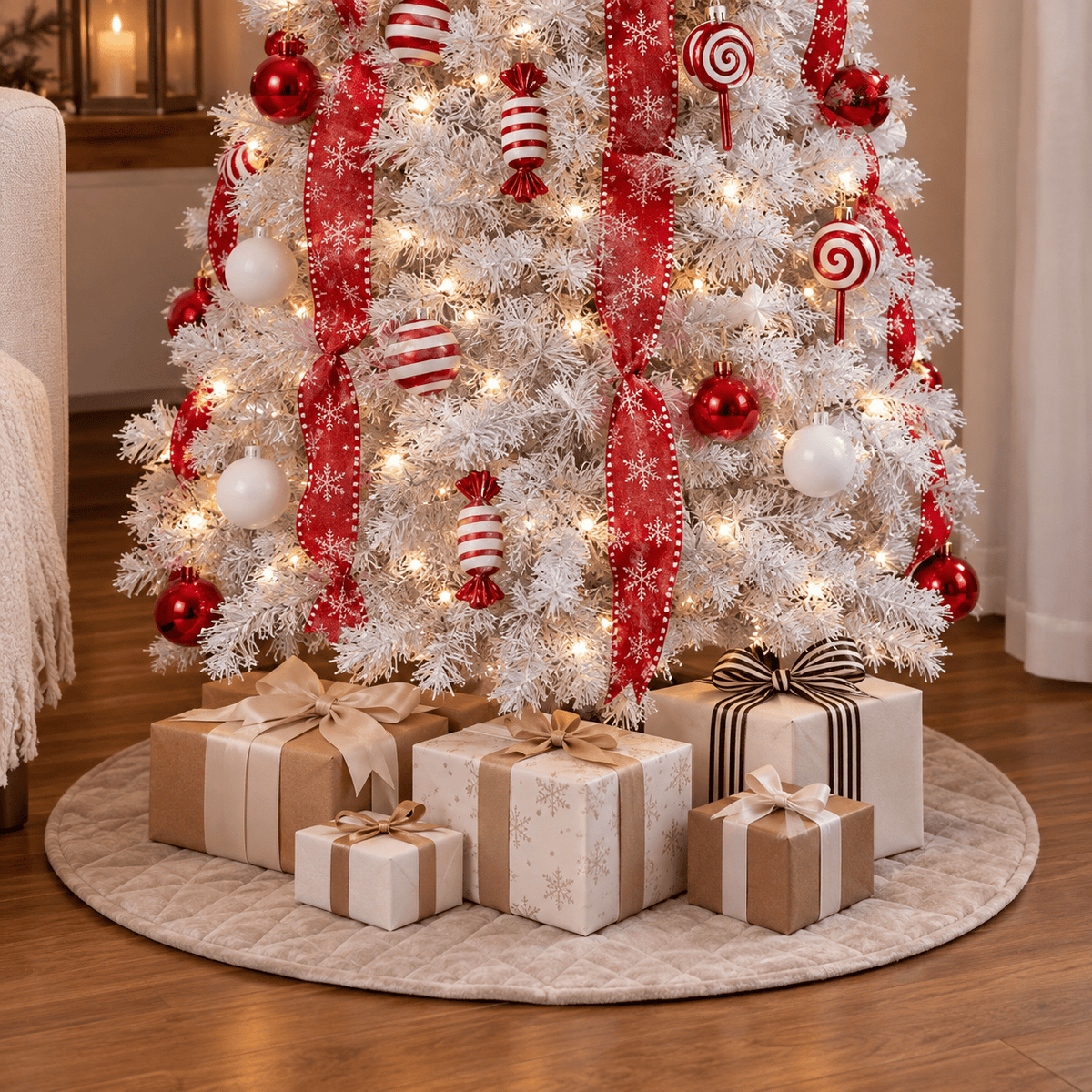 7' White Pre-Decorated Christmas Tree with 170 LED Lights & Red Orname