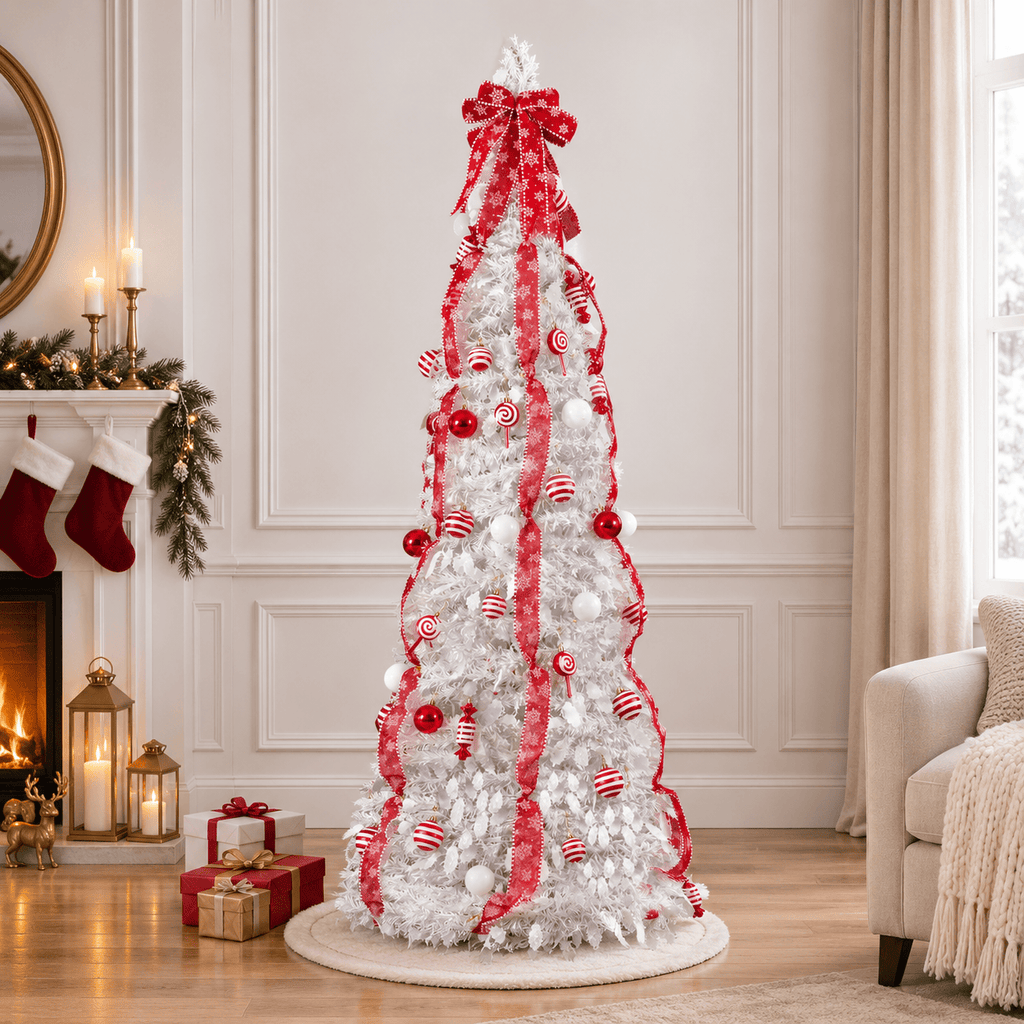 7' White Pre-Decorated Christmas Tree with 170 LED Lights & Red Orname