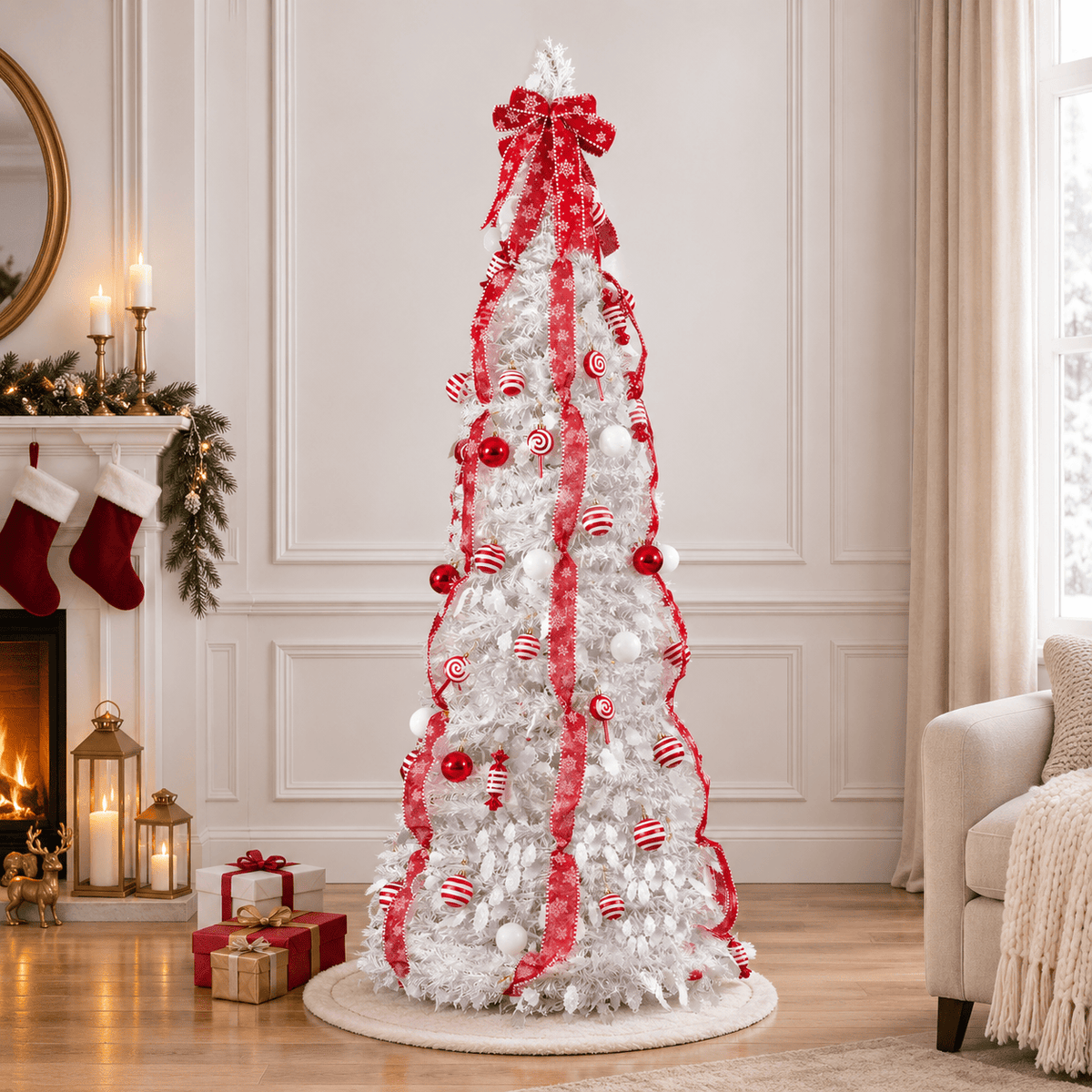 7' White Pre-Decorated Christmas Tree with 170 LED Lights & Red Orname