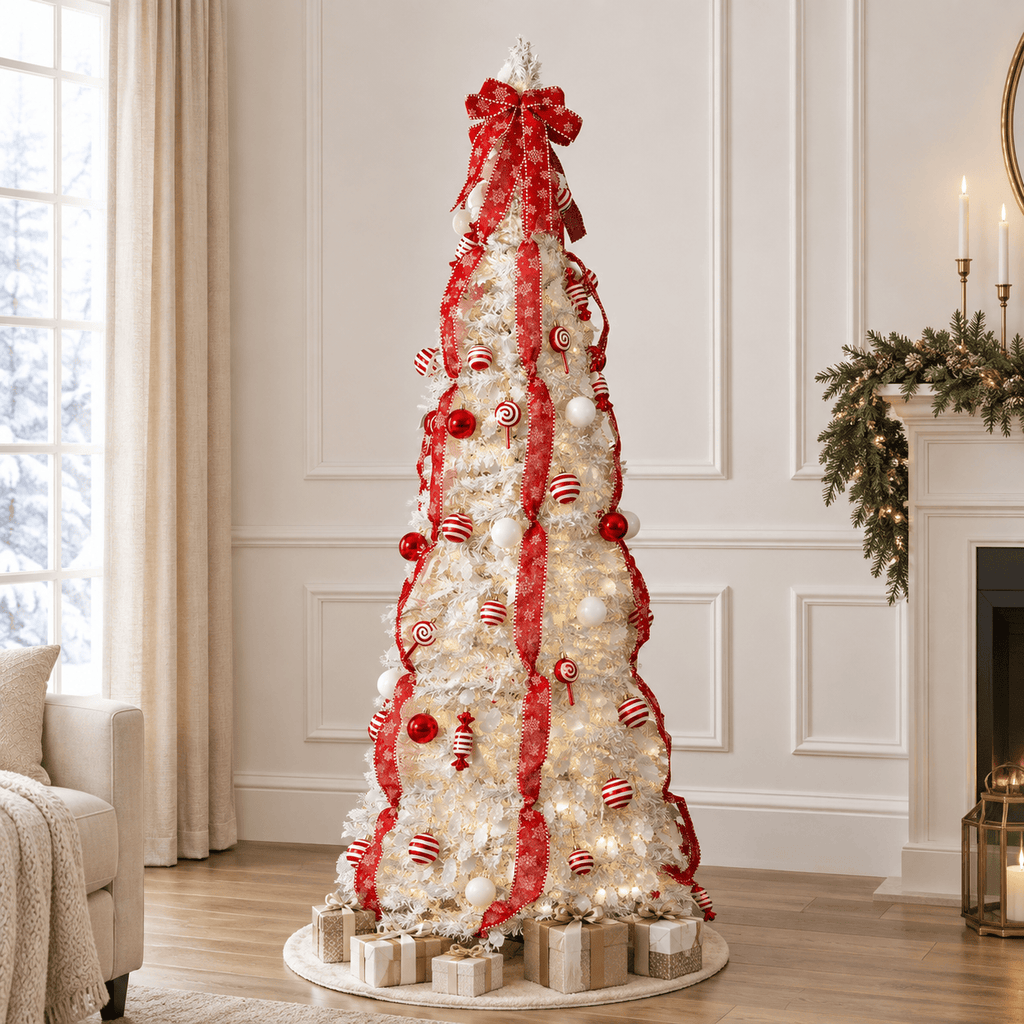 7' White Pre-Decorated Christmas Tree with 170 LED Lights & Red Orname