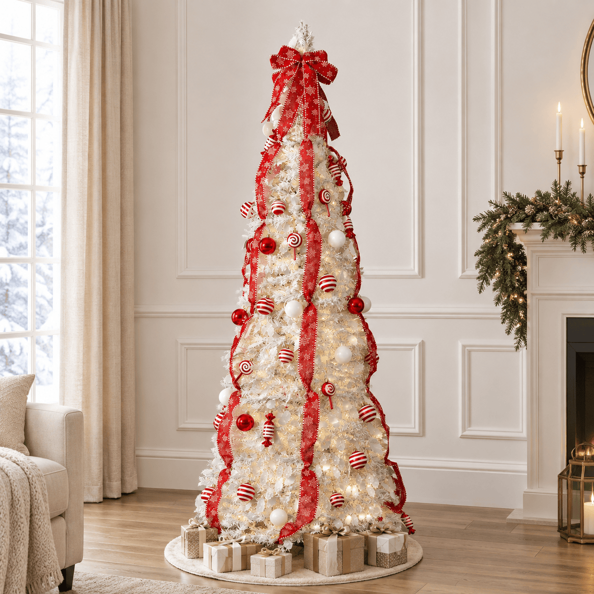 7' White Pre-Decorated Christmas Tree with 170 LED Lights & Red Orname