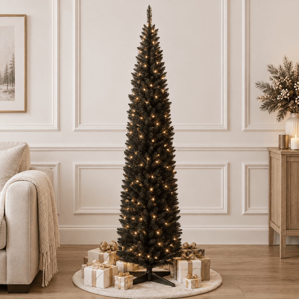 8' Black Pencil Christmas Tree with 618 Tips & Sturdy Stand