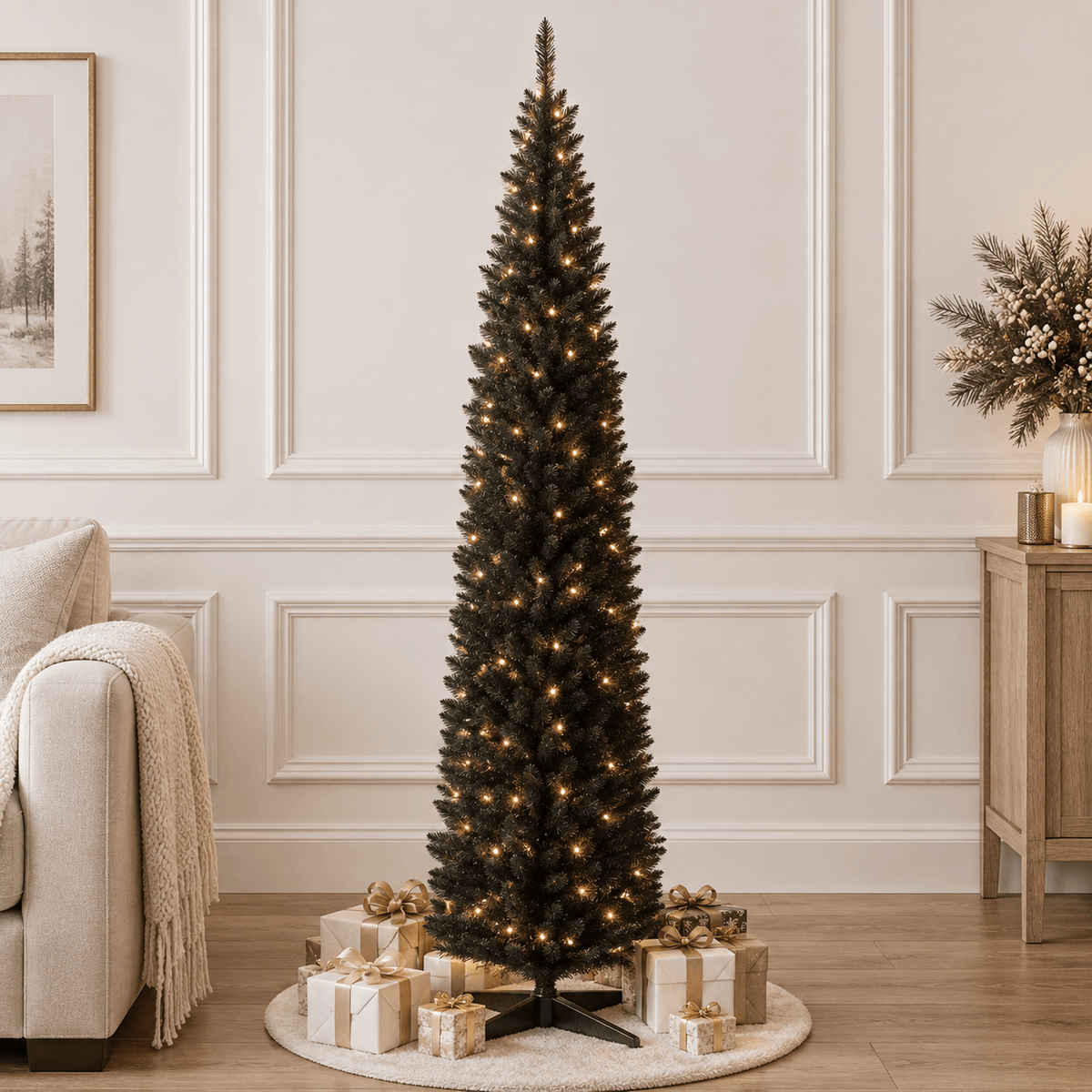 8' Black Pencil Christmas Tree with 618 Tips & Sturdy Stand